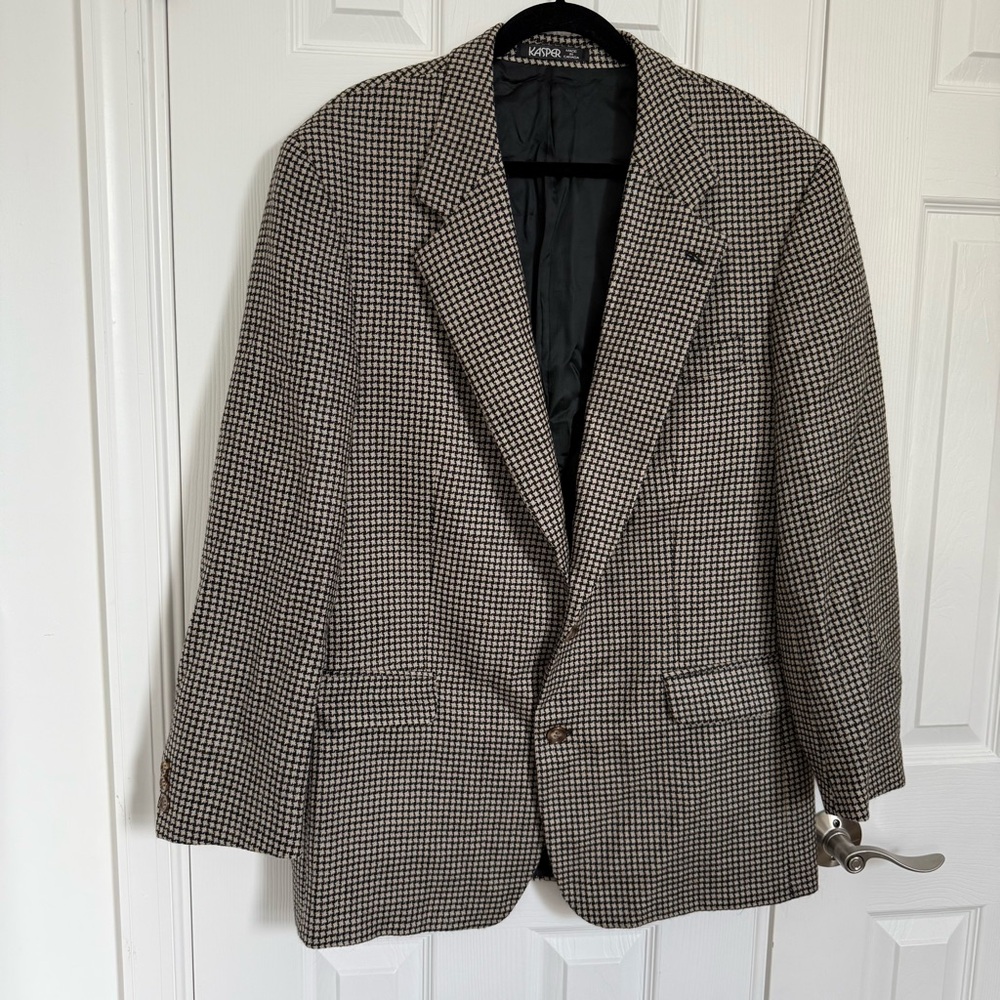 Kasper Black Tan 100% Wool 2-Button Fully Lined‎ Houndstooth Blazer Men's 44 EUC